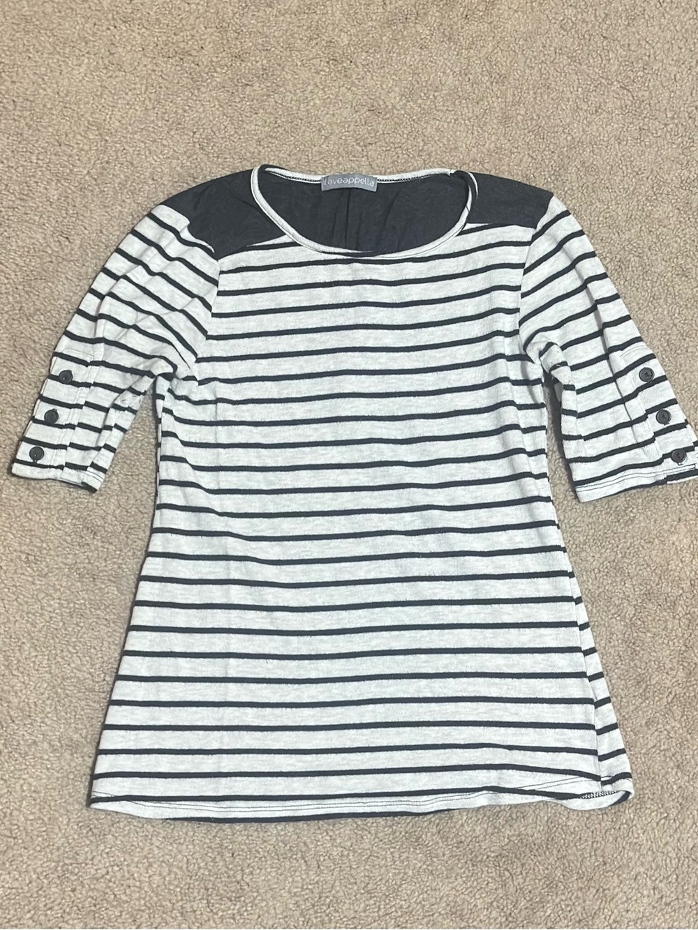 loveappella Striped Womens Top with Button Sleeve Detail Black & White SIZE S